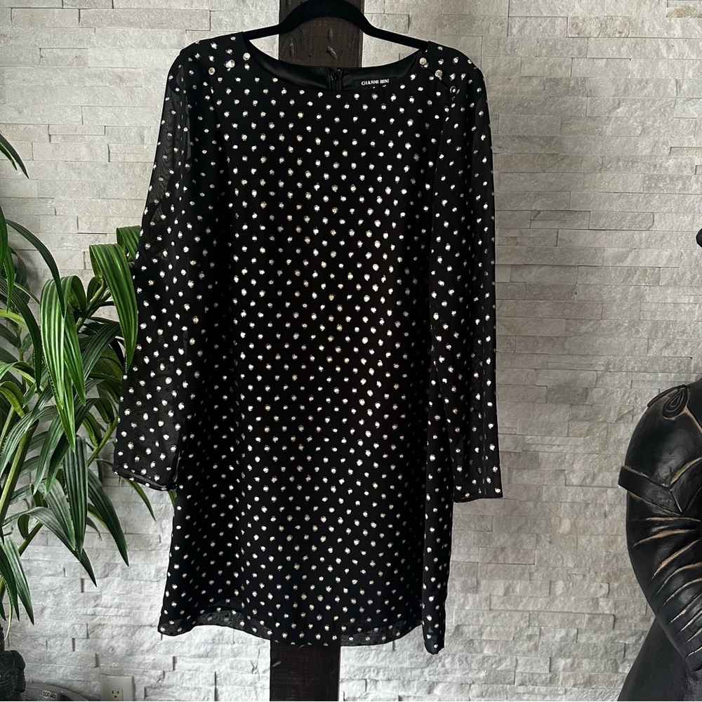 Gianni Bini Black Gold Polka Semi Sheer Long Sleeve Dot Shift Dress Size M